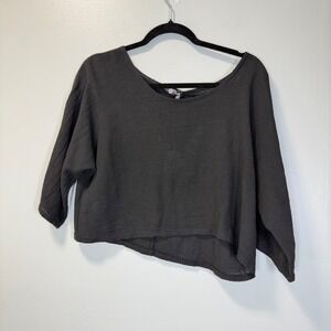 M Made in Italy Black Cotton Gauze Crop Top Scoop Neck 3/4 Sleeve Womens M NWT
